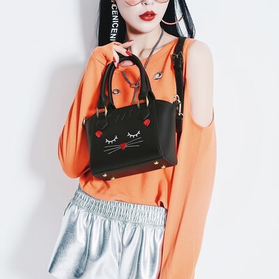 

Fashion Women Girl Black Shoulder Bag Leather Strap Bag Cat Satchel Bag Cute Handbag