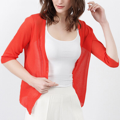 

CANVAUS Women Summer Solid Slim Thin Section V-neck Half-sleeved Knitted Cardigan Sweater Short Air Conditioning Shirt CS8029D