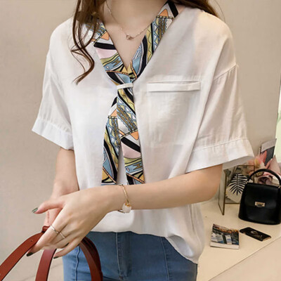 

Ladies Short Sleeve Chiffon Blouses Shirts Elegant Bow Tie Women Shirt Casual Blouses Tops