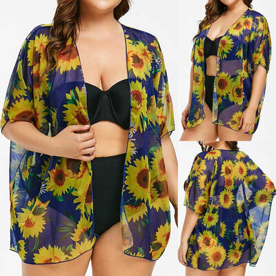 

Roseonmyhand Womens Summer Casual Plus size Sunflower Print Tops Beach Swimwear Cardigan