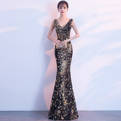 

Sexy V-Neck Evening Dresses Sequin Sleeveless Mermaid Party Dress Long Women Evening Dress