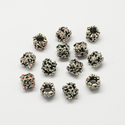 

Hollow Flower Alloy Rhinestone Large Hole European Beads Antique Silver Mixed Color 10x10mm Hole 5mm