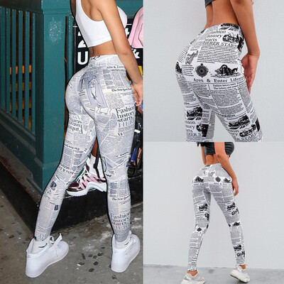 

Womens Fashion Workout Newspaper Print Sports Running Yoga Athletic Pants