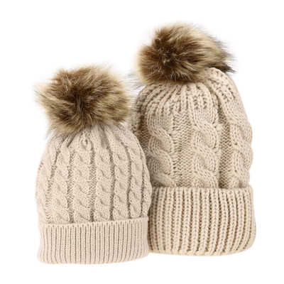 

Mom Baby Kid Warm Raccoon Fur Bobble Beanie Cotton Knitted Parent-child Hat