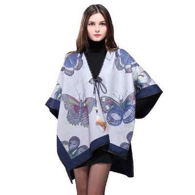 

Fashion Women Cape Open Front Butterfly Print Feather Lace Up Split Poncho Warm Shawl Pashmina Outerwear Blue