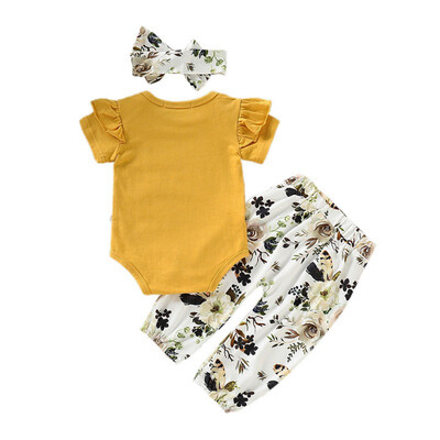 

Summer Newborn Baby Girl Clothing Set Short Sleeve Romper Tops Casual Floral Trousers with Headband Outfits Set 0-24M