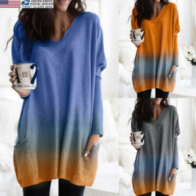 

US NEW Women sexy V-neck casual loose printed T-shirt long-sleeved thicken tops