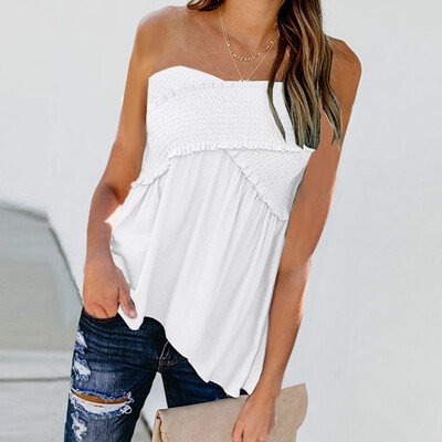 

Starmoon Women Fashion Sexy Solid Sleeveless Slash Neck Loose Ruched Blouse Tops