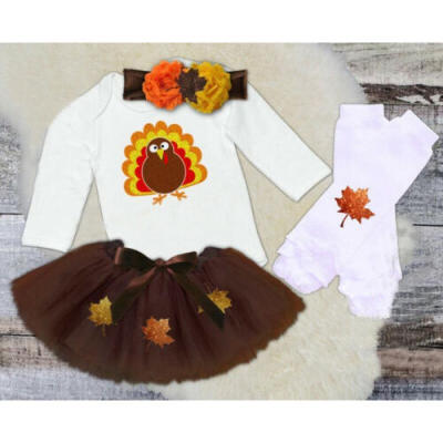 

4PCS Kid Baby Girls Turkey Romper Tops BodysuitTulle SkirtLeg WarmersHeadband