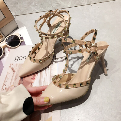 

French girl high-heeled shoes summer fine&pointed black sexy single-layer metal wicker sandal