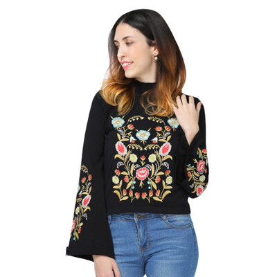 

Stylish Stand Collar Long Sleeve Tied Embroidery Women Sweater