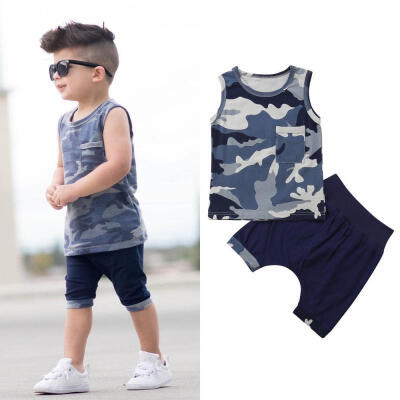 

Fashion 2Pcs Casual Toddler Newborn Baby Boy Camo Vest Tops Shorts Pants Clothes Outfits