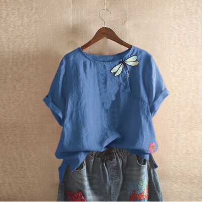 

Roseonmyhand Plus Size Women Short Sleeve Cotton Linen O-Neck Print Blouse Top T-Shirt
