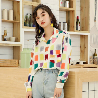 

Retro Long blouse women Sleeve Colorful Plaid Print Women Blouses And Tops Turn-down Collar Button Women Blouses women tops