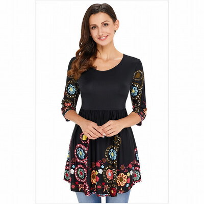 

Round neck cropped sleeve bohemian skirt long shirt womens