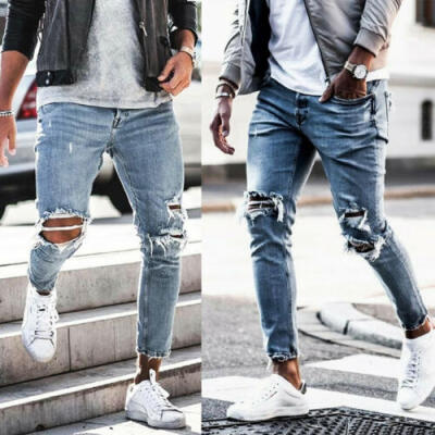 

US STOCK Fashion Mens Ripped Skinny Jeans Destroyed Frayed Slim Fit Denim Pants