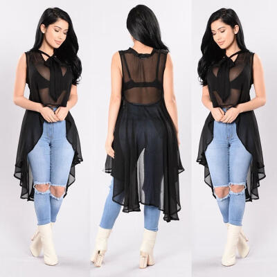 

Women&39s See through Bowknot Mesh Sheer Sleeveless Irregular Tops T Shirt Blouse