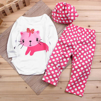 

3pcs Cute Girls Polka Dot Clothes Set Autumn Baby Rompers Pants Hat Outfits