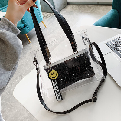 

Net red bag 2019 new spring&summer simple transparent bag new jelly tote bag Korean portable messenger bag