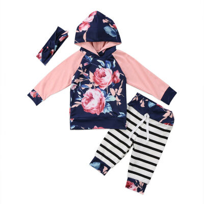 

3PCS Toddler Newborn Baby Girls Flower Hooded T Shirt TopsPants Outfits Clothes