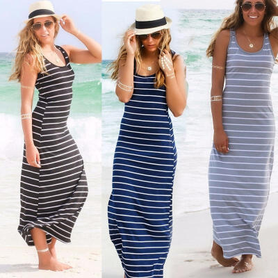 

Women Summer Striped Boho Evening Party Long Maxi Beach Dress Cotton Vest Dress