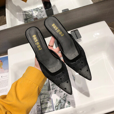 

Summer Korean version of wave point mesh yarn heel girl high heels pointed retro working shoes professional womens shoes