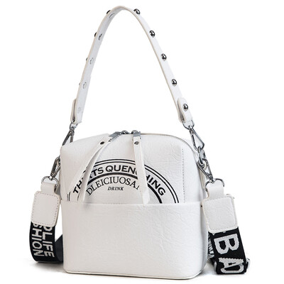 

Semicircle letter printing pattern women crossbody bag Rivet hand strap shoulder bag zipper Cube pleated pu leather soft handbag