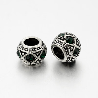 

Antique Silver Plated Alloy Rhinestone European Beads Large Hole Rondelle Beads Emerald 10x8mm Hole 5mm