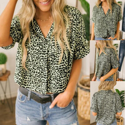

Nomeni Women Summer Fashion Casual Leopard Short Sleeve V-Neck Tops T-Shirt