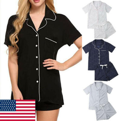 

Pajamas Set Short Sleeve Sleepwear Womens Button Down Nightwear Soft Lounge Sets