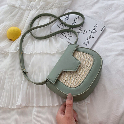 

Summer PU stitch saddle women messenger bag 2019 semi-circle candy color handbag straw woven female beach shoulder crossbody bag
