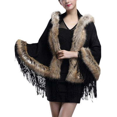 

Womens hooded fringed knit fur coat coat