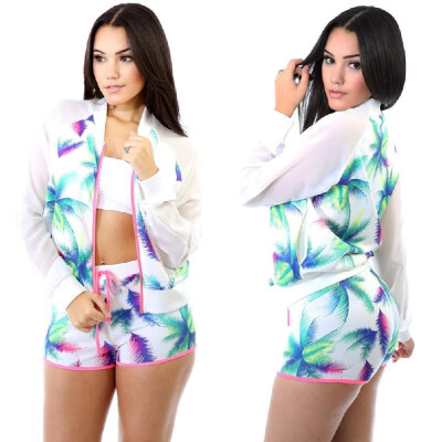 

New Women Sportswear Two Pieces Leave Print Long Sleeves Zipper Top Drawstring Waist Shorts Sport Suit Twin Set White