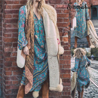 

Plus Size Womens Bohemian Printed Strappy Long Sleeve Ruffles Long Maxi Dress