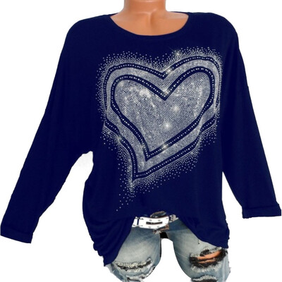 

2019 Fashion Women Diamond O-neck Long sleeves Loose T-shirt