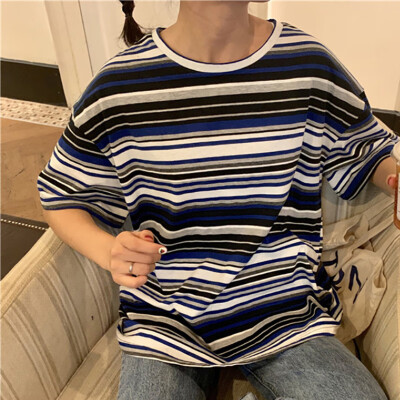 

Loose round neck stripe T-shirt female summer korean style kawaii tes oversize clothes tshirt