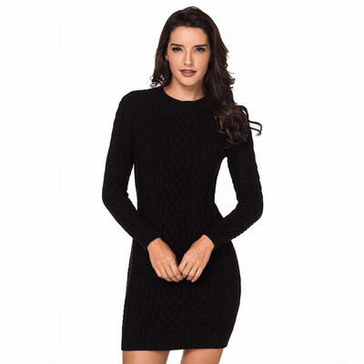

Round neck long-sleeved ribbed knit sweater in long sweater skirt