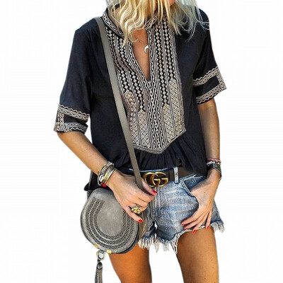 

Womens V-neck Short Sleeve Embroidered Lace Vintage Loose Shirt Top