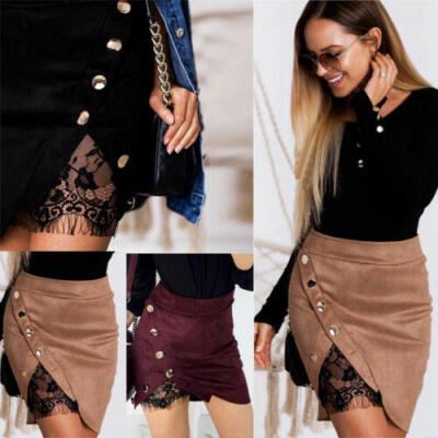 

Women High Waist Lace Up Suede Leather Pocket Preppy Short Mini Skirts dress