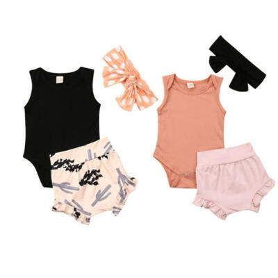 

US Baby Girls Sleeveless Romper Bodysuit High-waist Shorts Headband Outfit 3PCS