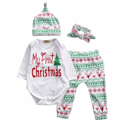 

Long Sleeve 0-24M Infant Baby Boy Girl Outfits Clothes Romper Pants Leggings Headband 4PCS Set