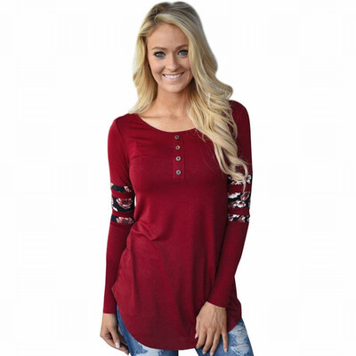 

Grey round neck long sleeve floral print stitching sleeves casual top