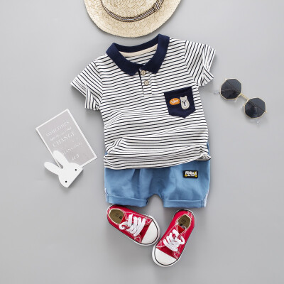 

Summer Baby Boys Short Sleeve Striped Cartoon Print Tops Blouse T-shirtShorts Children Casual Outfits Sets