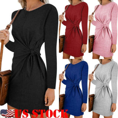 

Women Cotton Long Sleeve Autumn Warm A-Line Loose Tunic Top Blouse T-Shirt Dress