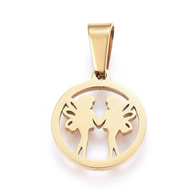 

304 Stainless Steel Pendants Large Hole Pendants Flat Round with Fairy Golden 16x14x12mm Hole 7x35mm