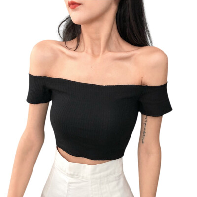 

Women T-shirt Solid Sexy Slash Neck Crop Top Tshirt Korean Casual Short Sleeve T Shirt camiseta mujer Women Clothes