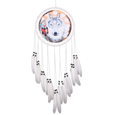 

Wolf Printed Dream Catcher Net Feather Bead Dreamcatcher Hanging Ornament