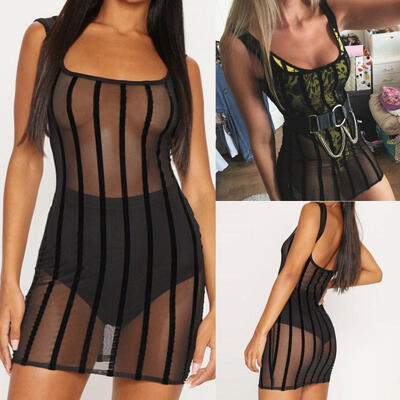 

Women Ladies Sleeveless Slim Striped Crochet Fishnet Mesh Swimwear Summer Holiday Beach Dress Sheer Bikini Cover Up
