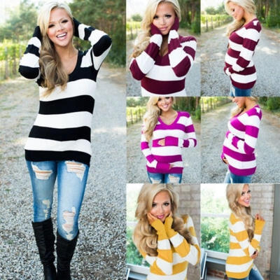 

Fashion Womens Long Sleeve Loose Blouse Striped Sweater Shirt Autumn Top T-Shirt