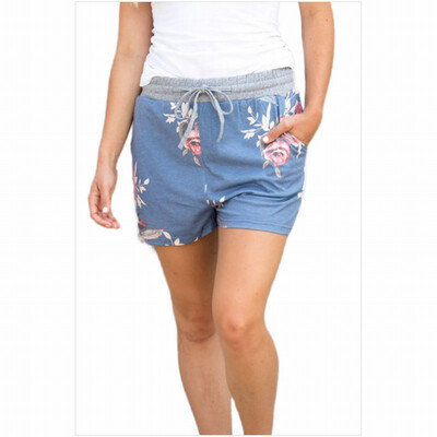 

Printed pattern elastic belt casual shorts